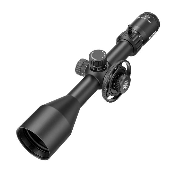 Spinaoptics FalconPoint 5-30x56 FFP rifle scope with sunshade and parallax wheel attached, shown from the left side.