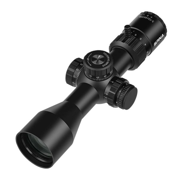 Spinaoptics WolfChase CV 3-12x44E FFP rifle scope with a matt black finish, showing the objective lens and adjustment turrets.