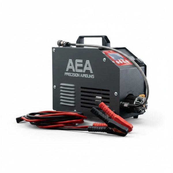AEA 7000PSI portable PCP air compressor with its included 12V DC and 110V AC power cables and fill hose.