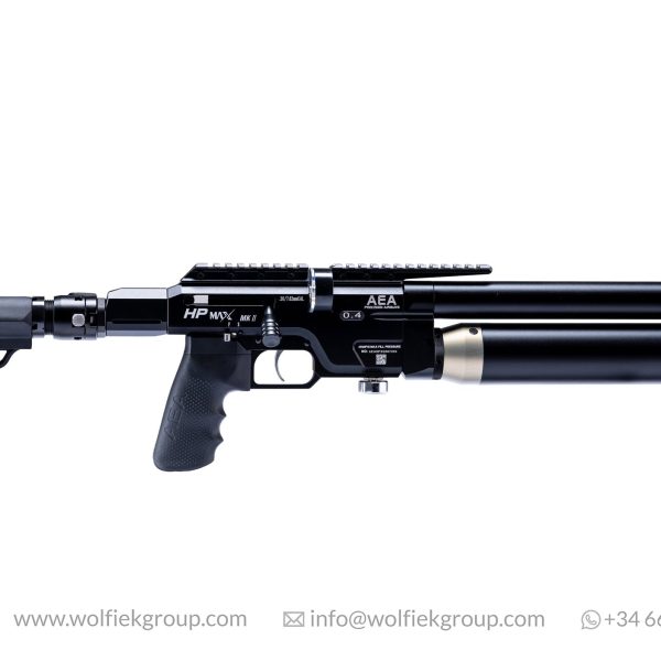 AEA HP Max MK2 bolt-action PCP air rifle with a black stock, carbon fiber air cylinder, and top-mounted optics rail.