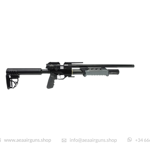 AEA Megalodon pump-action big-bore PCP air rifle with a black tactical stock and a long barrel, shown from the side.