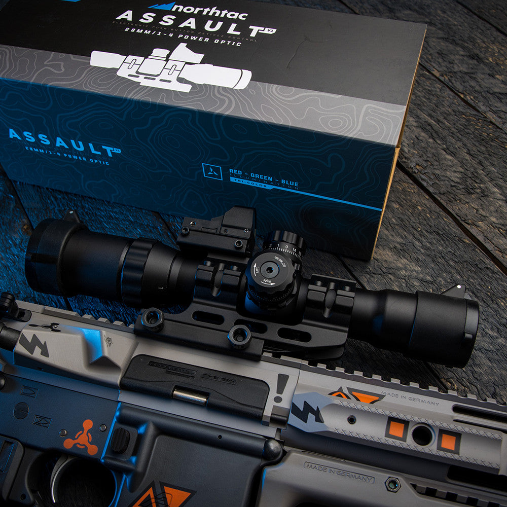 Northtac Assault Optic 1-4x LPVO rifle scope with an included micro red dot sight mounted on top of the main tube. — view 4
