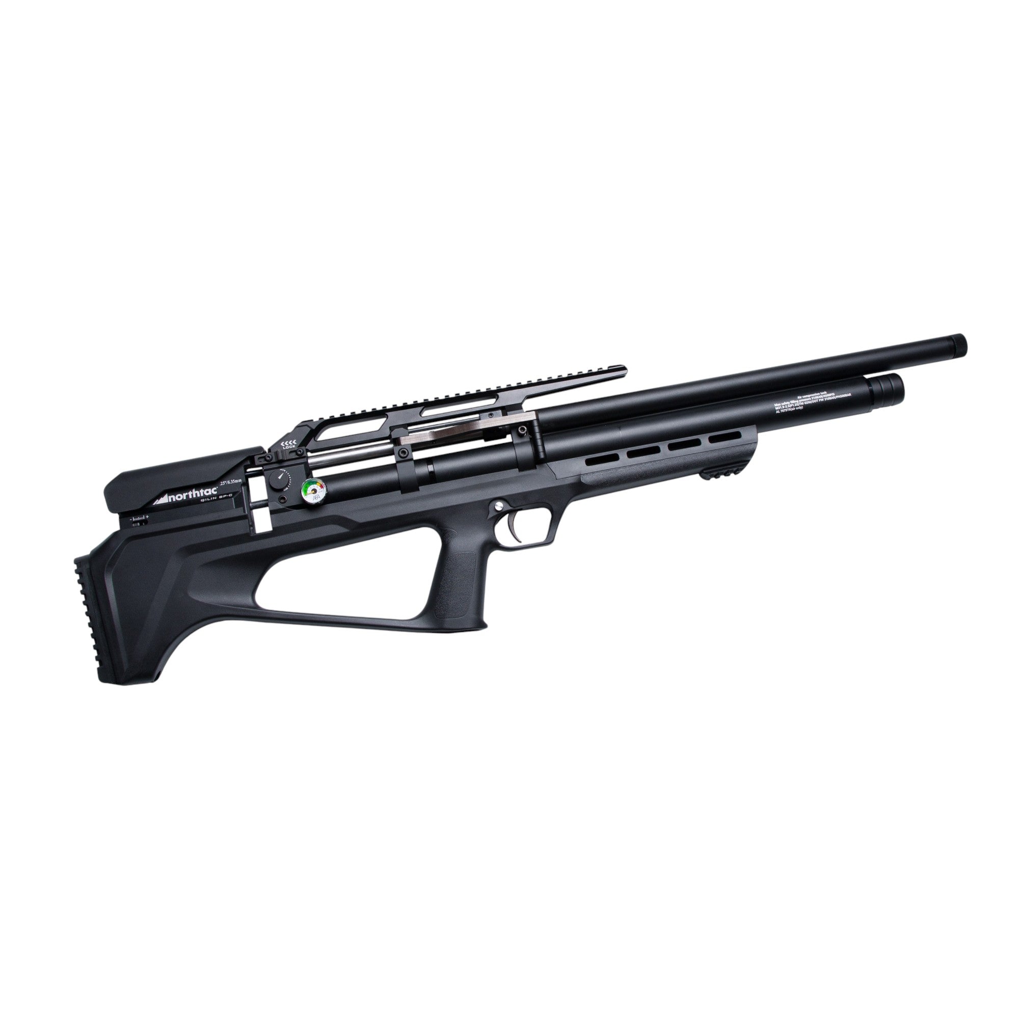 Northtac QILIN BP-A 24-inch Bullpup PCP Air Rifle with a black tactical stock, forward side-lever, and top Picatinny rail.