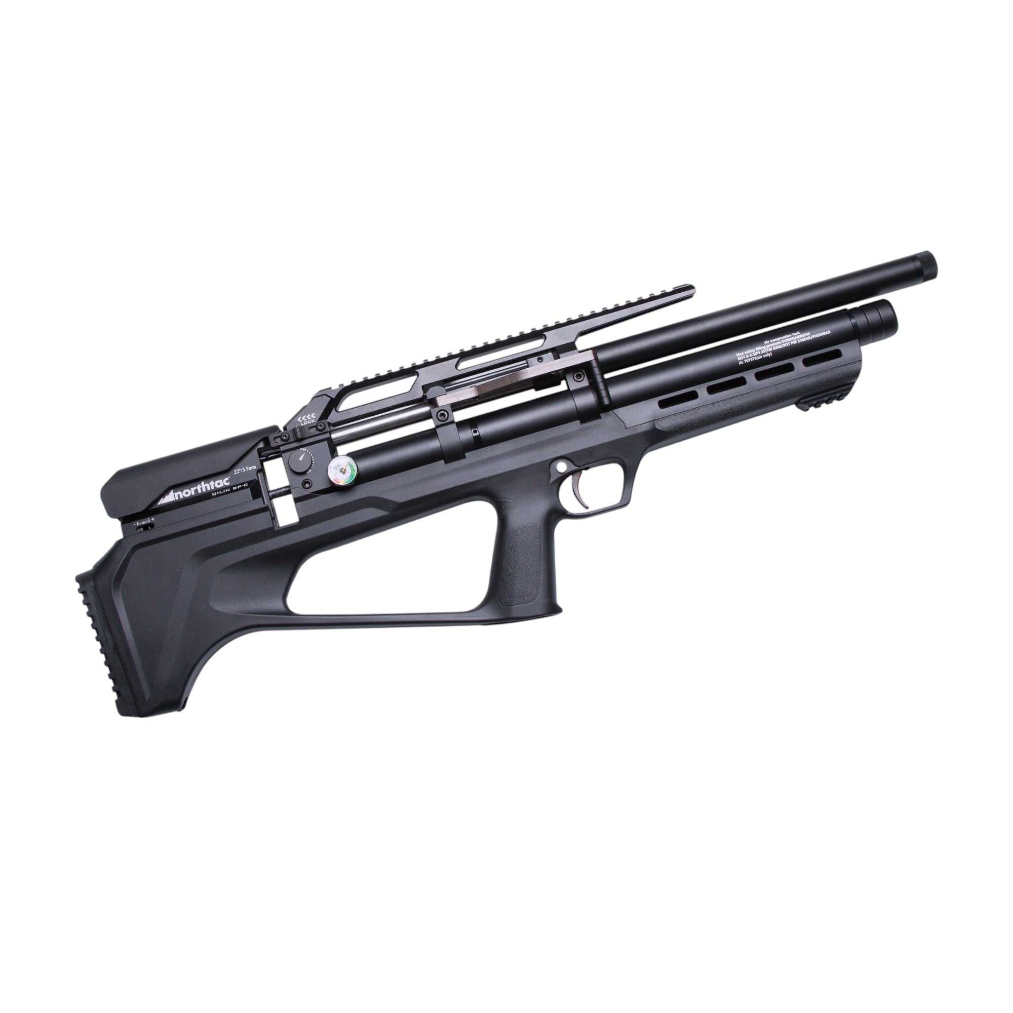 Northtac QILIN BP-C 18-inch compact bullpup PCP air rifle with a black tactical stock and shrouded barrel, shown from the side.