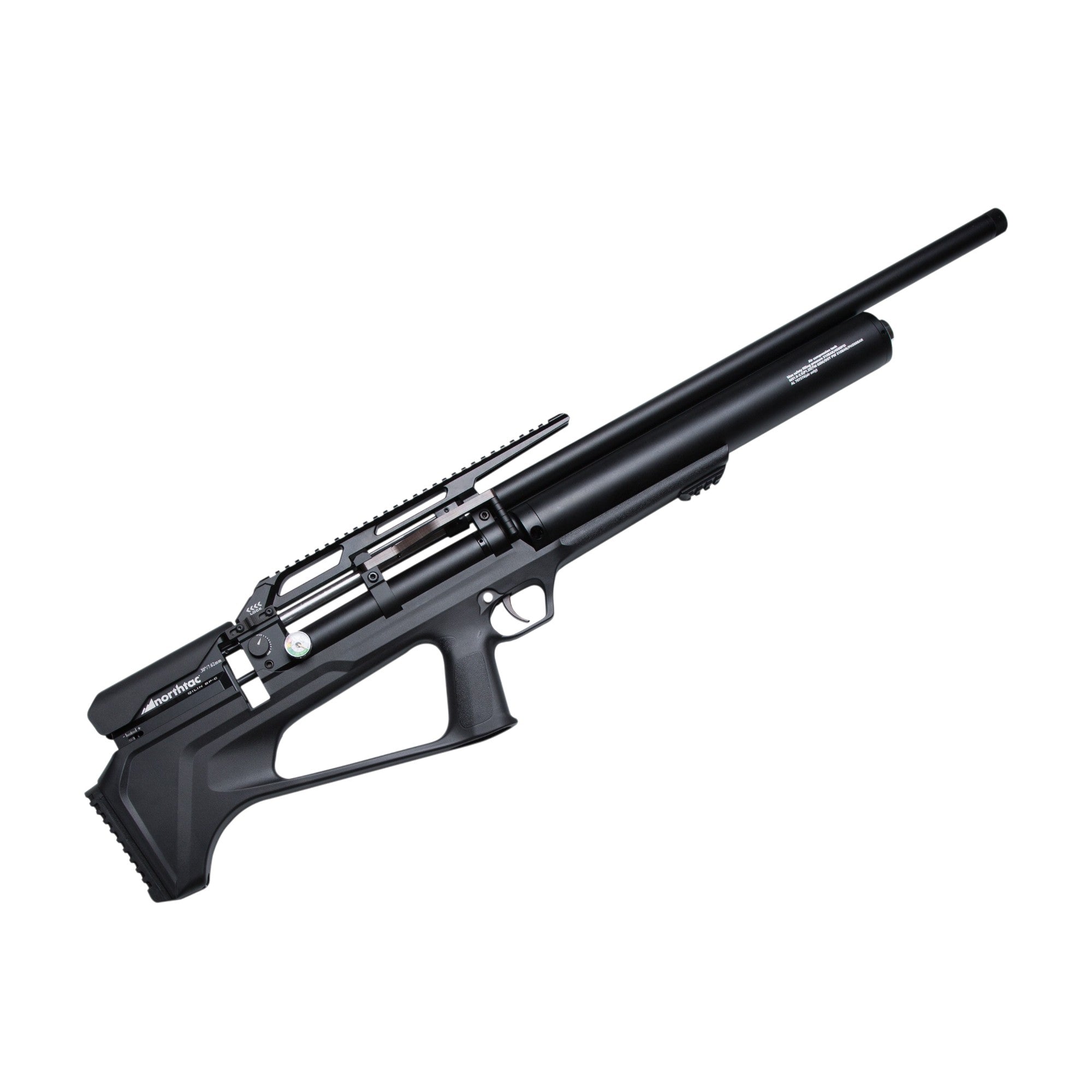 Northtac QILIN BP-X 28-inch bullpup PCP air rifle with a black tactical stock, large air cylinder, and top Picatinny rail.