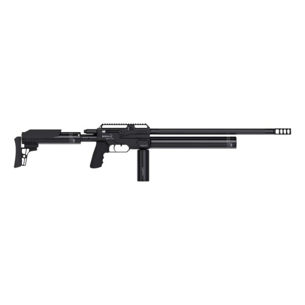 Bintac B&W S338 semi-automatic .338 caliber big bore PCP air rifle with a black stock and long barrel, shown from the side.