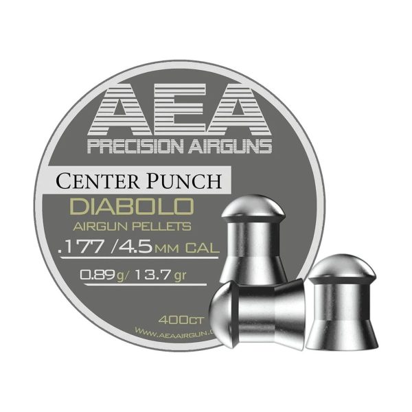 Tin of AEA Center Punch .177 caliber diabolo pellets, 13.7 grain, 400 count, with a few pellets shown next to the tin.