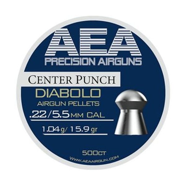 Tin of 500 AEA Center Punch .22 caliber 15.9 grain diabolo pellets with the lid open.