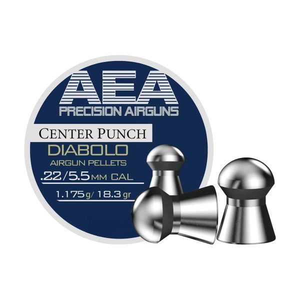 Tin of 500 AEA Center Punch .22 caliber 18.3 grain diabolo pellets with a single pellet resting on the lid.