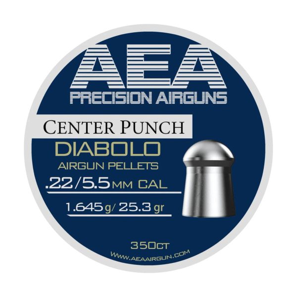 Tin of AEA Center Punch .22 caliber 25.3 grain diabolo pellets, with 350 pellets visible inside.