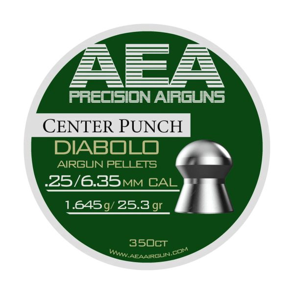 Tin of AEA Center Punch .25 caliber diabolo pellets, 25.3 grain, with several lead pellets shown beside the open can.
