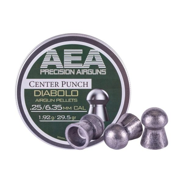 Tin of AEA Center Punch .25 caliber diabolo pellets, 29.5 grain, 300 count, with several pellets shown beside the tin.