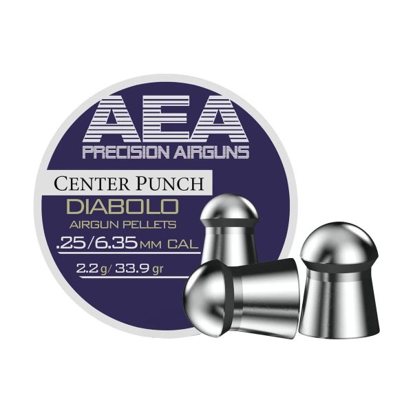 A tin of AEA Center Punch .25 caliber diabolo pellets, 33.9 grains, with 300 pellets inside.