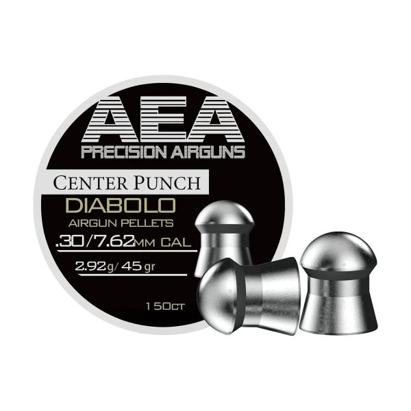 A tin of AEA Center Punch Diabolo Pellets in .30 caliber, 45 grain, with the lid off and several pellets displayed next to it.