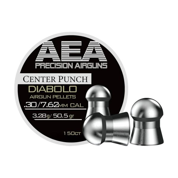 Tin of AEA Center Punch .30 caliber 50.5 grain diabolo pellets, with one pellet shown next to the open tin.