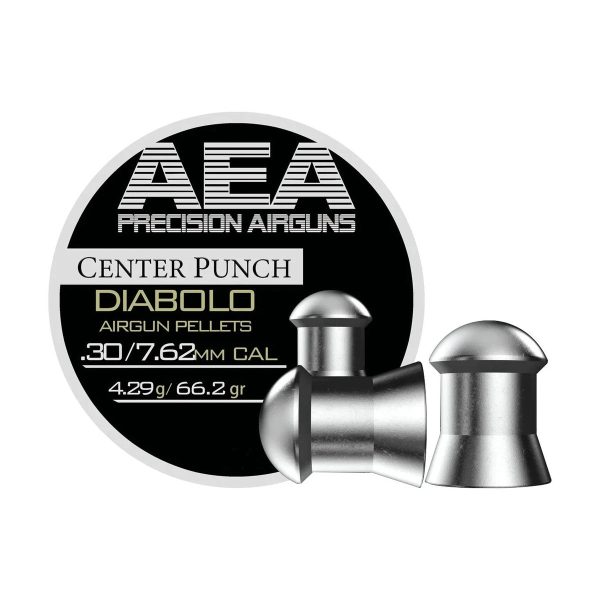 Tin of AEA Center Punch Diabolo Pellets in .30 caliber, 66.2 grain, with 120 pellets inside.