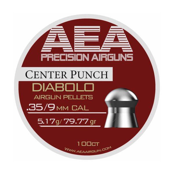 Tin of 100 AEA Center Punch .35 caliber diabolo pellets, 79.77 grains, with several pellets shown beside the open tin.