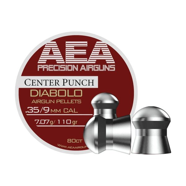 An open 80-count tin of AEA Center Punch Diabolo pellets in .35 caliber, with one 110 grain pellet resting beside it.
