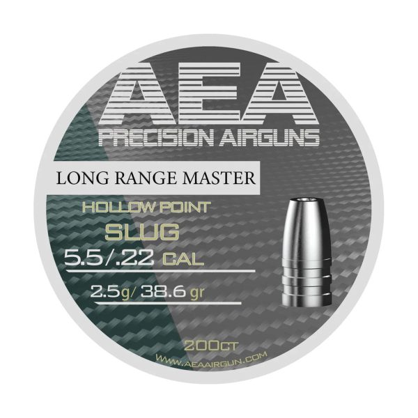 A tin of AEA Long Range Master Hollow Point Slugs, .22 caliber, 38.6 grain, with several slugs displayed beside it.
