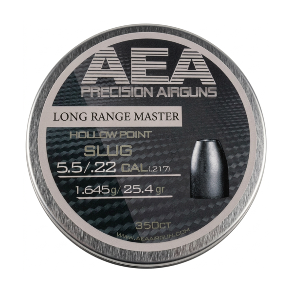 A tin of AEA Long Range Master hollow point slugs in .22 caliber, with several 25.4gr slugs displayed in front.