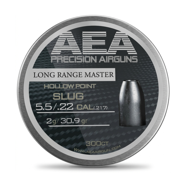 Tin of AEA Long Range Master .22 caliber 30.86 grain hollow point slugs with the lid open and several slugs displayed in front.