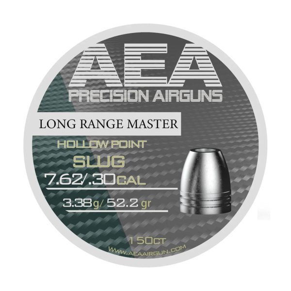 Tin of AEA Long Range Master .30 caliber 52.2 grain hollow point slugs, with several individual slugs displayed beside the open container.
