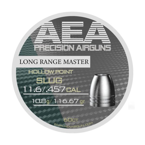Tin of AEA Long Range Master .45 caliber 155 grain hollow point slugs, with one slug shown next to the open tin.