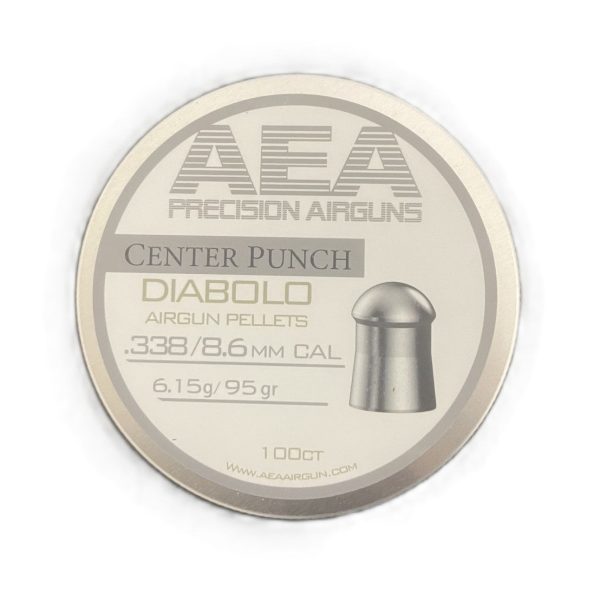 Tin of AEA Center Punch .338 Caliber 95 Grain Diabolo Pellets, with a single pellet shown next to the open tin.