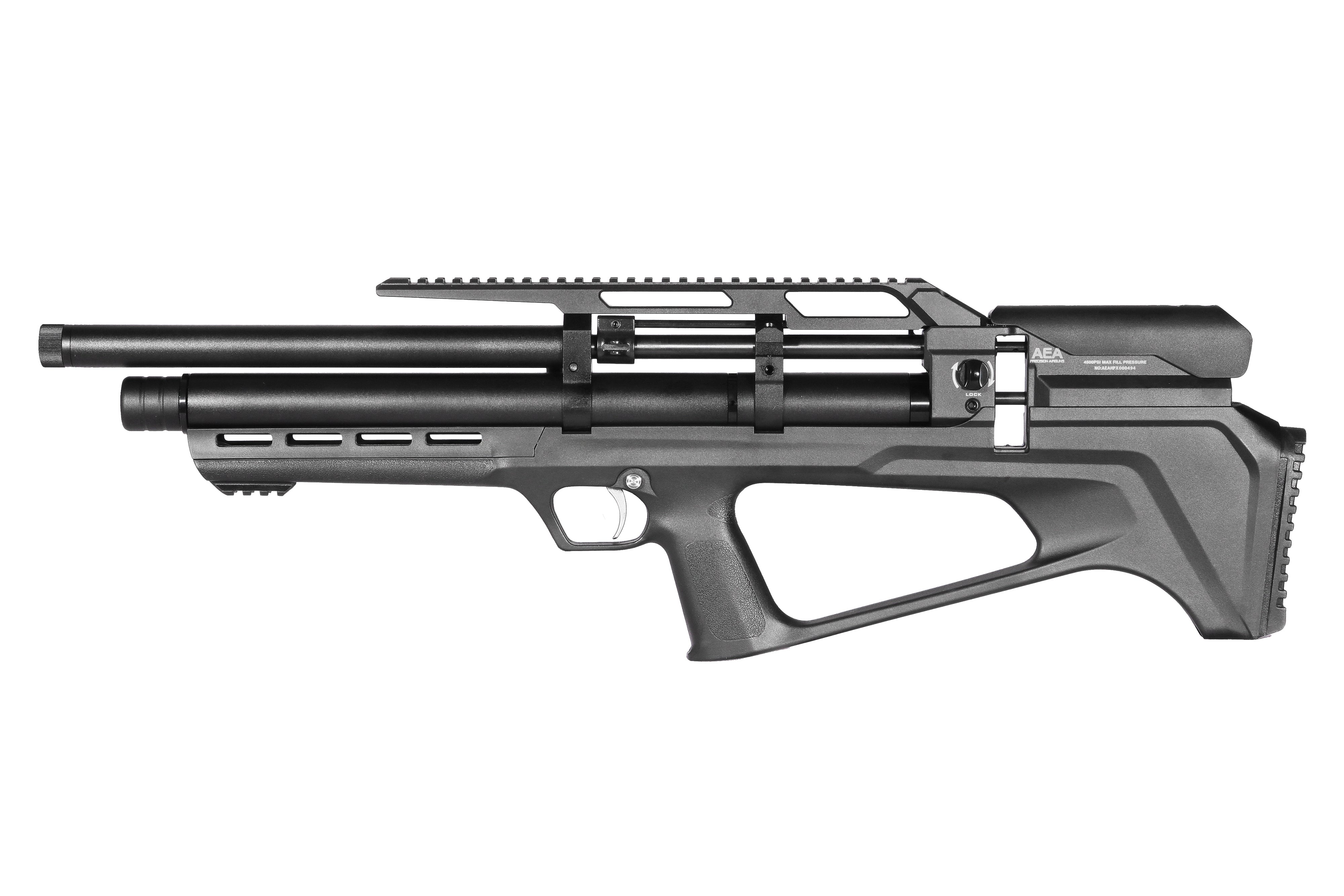 Northtac QILIN BP-C 18-inch compact bullpup PCP air rifle with a black tactical stock and shrouded barrel, shown from the side. — view 2