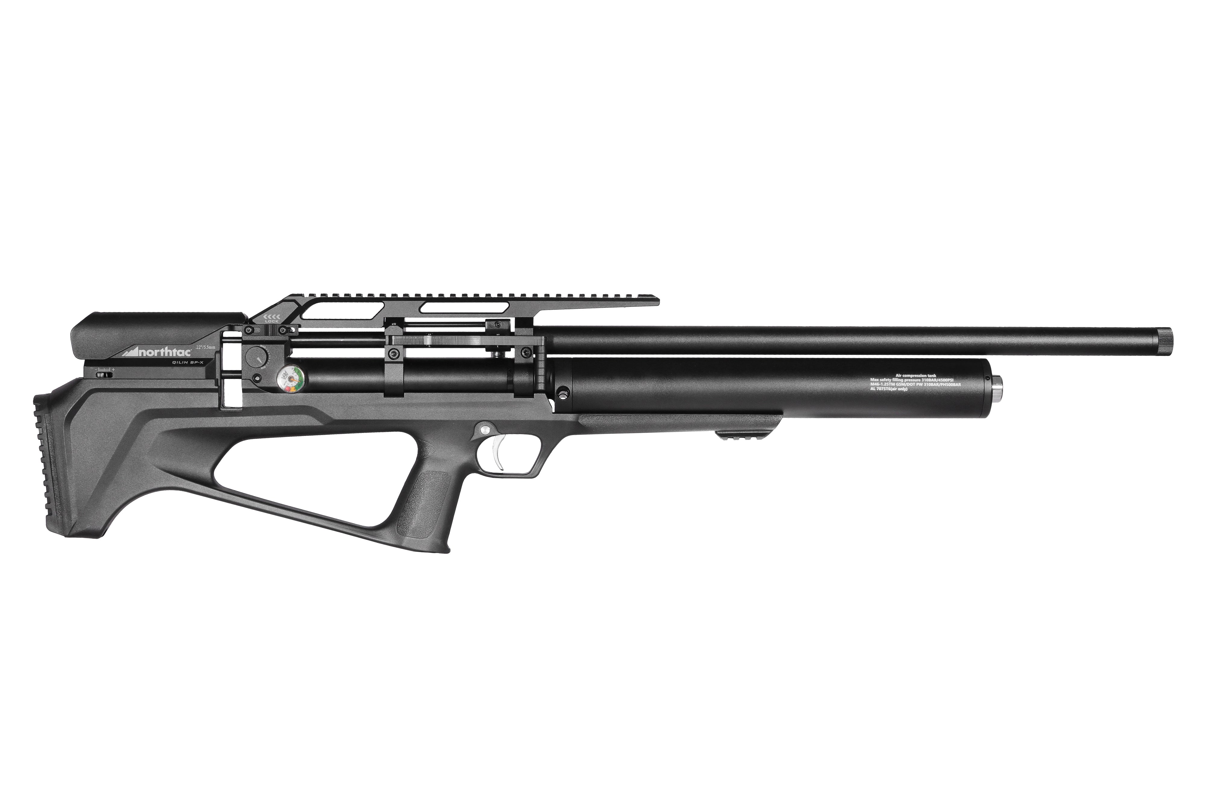 Northtac QILIN BP-X 28-inch bullpup PCP air rifle with a black tactical stock, large air cylinder, and top Picatinny rail. — view 3