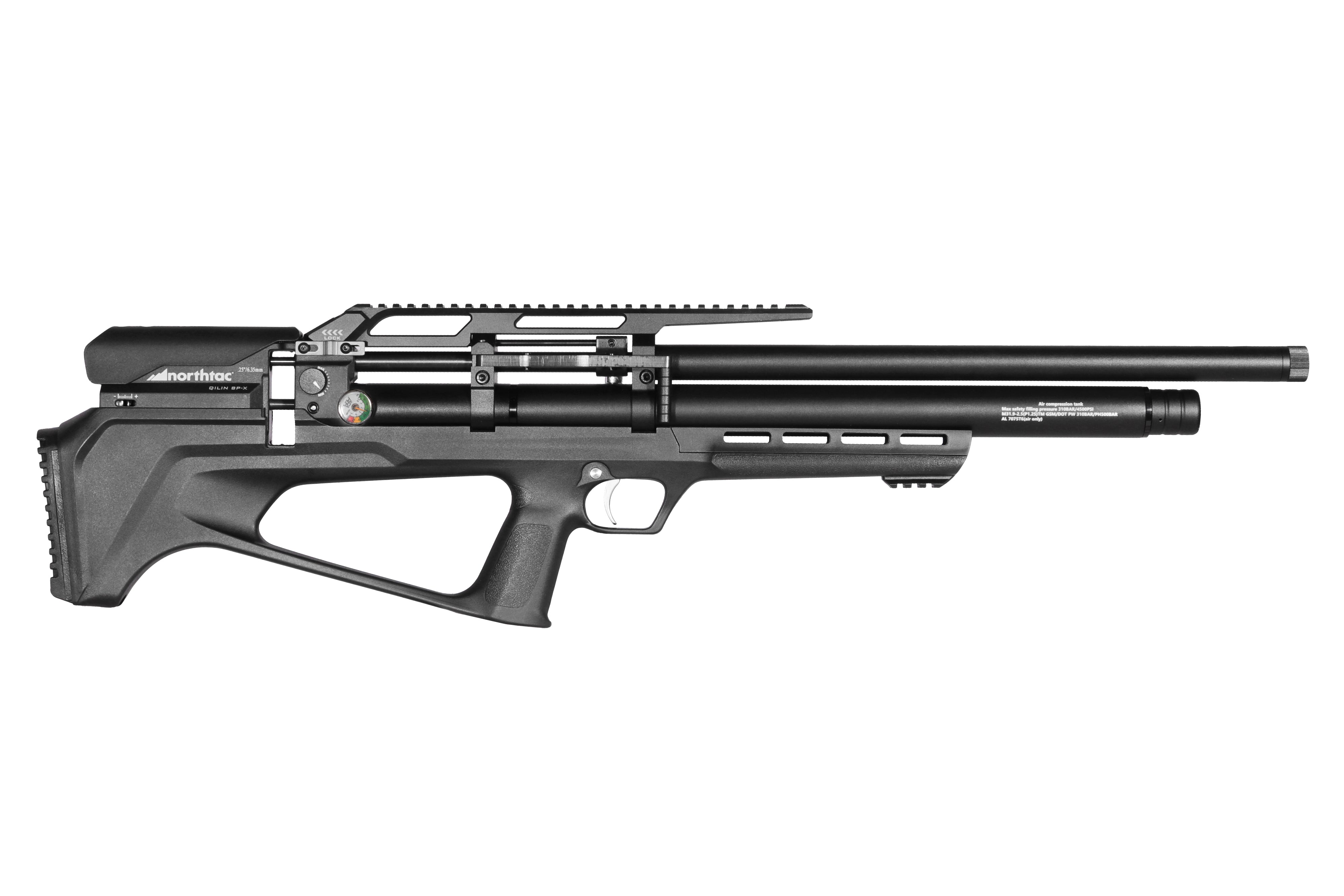 Northtac QILIN BP-A 24-inch Bullpup PCP Air Rifle with a black tactical stock, forward side-lever, and top Picatinny rail. — view 3