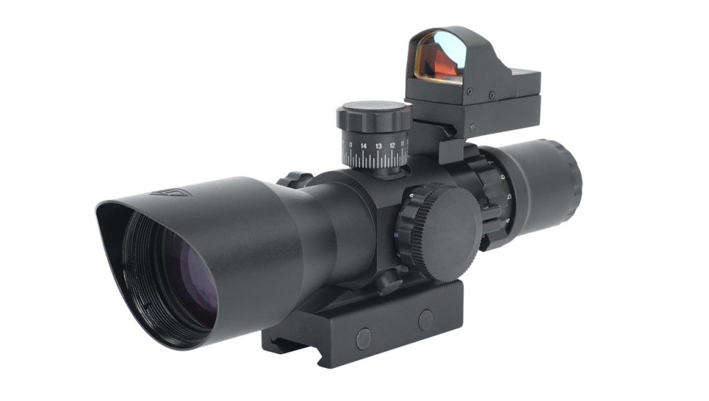 Northtac Redcon Optic 3-9x42 rifle scope with the included Micro Blue Dot sight mounted on the rear of the scope body. — view 2