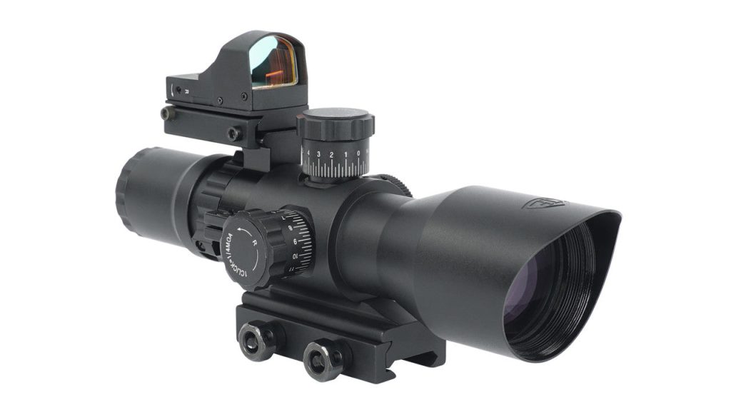 Northtac Redcon Optic 3-9x42 rifle scope with the included Micro Blue Dot sight mounted on the rear of the scope body.