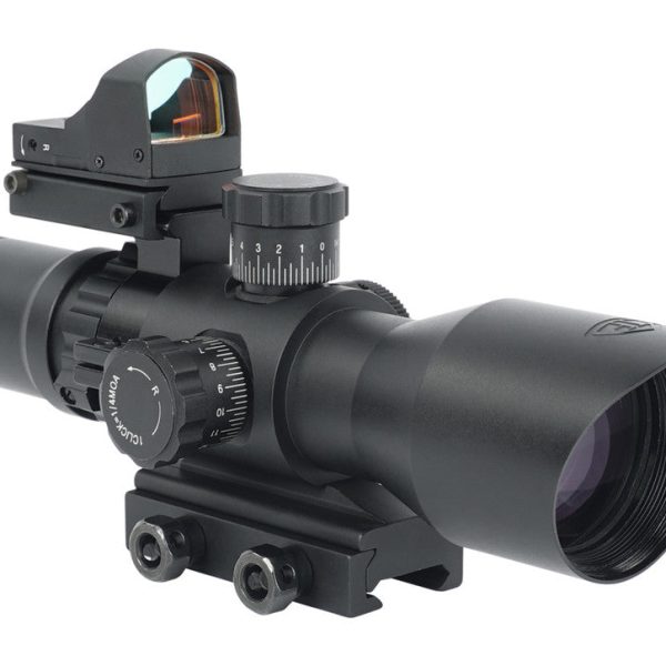 Northtac Redcon Optic 3-9x42 rifle scope with the included Micro Blue Dot sight mounted on the rear of the scope body.