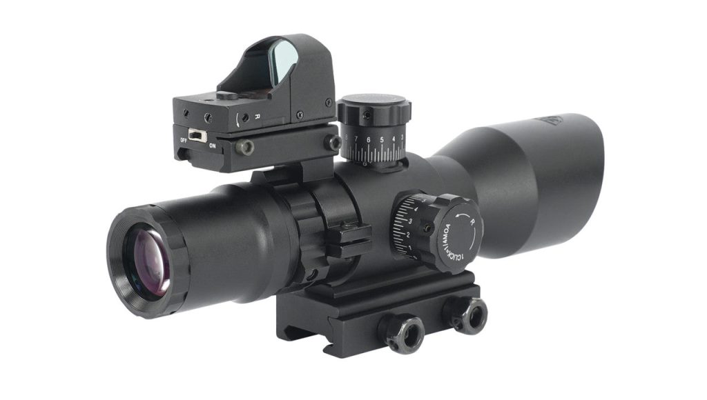 Northtac Redcon Optic 3-9x42 rifle scope with the included Micro Blue Dot sight mounted on the rear of the scope body. — view 3