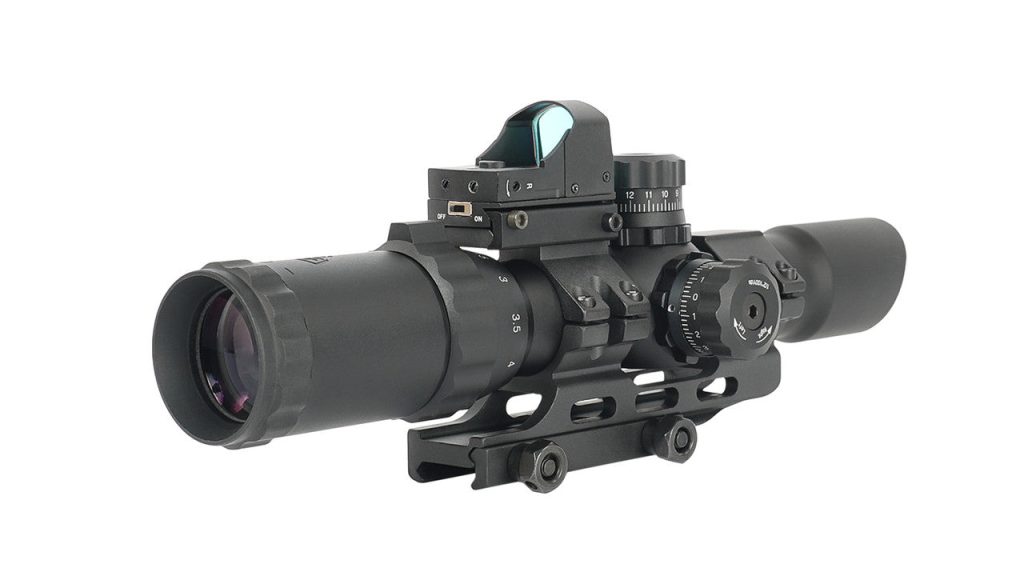 Northtac Assault Optic 1-4x LPVO rifle scope with an included micro red dot sight mounted on top of the main tube.