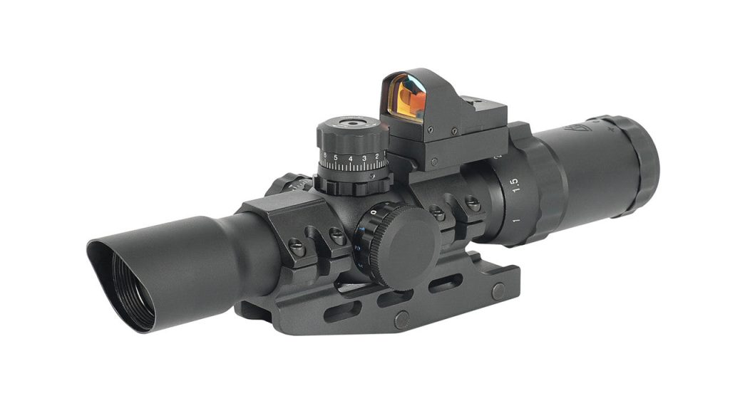 Northtac Assault Optic 1-4x LPVO rifle scope with an included micro red dot sight mounted on top of the main tube. — view 6