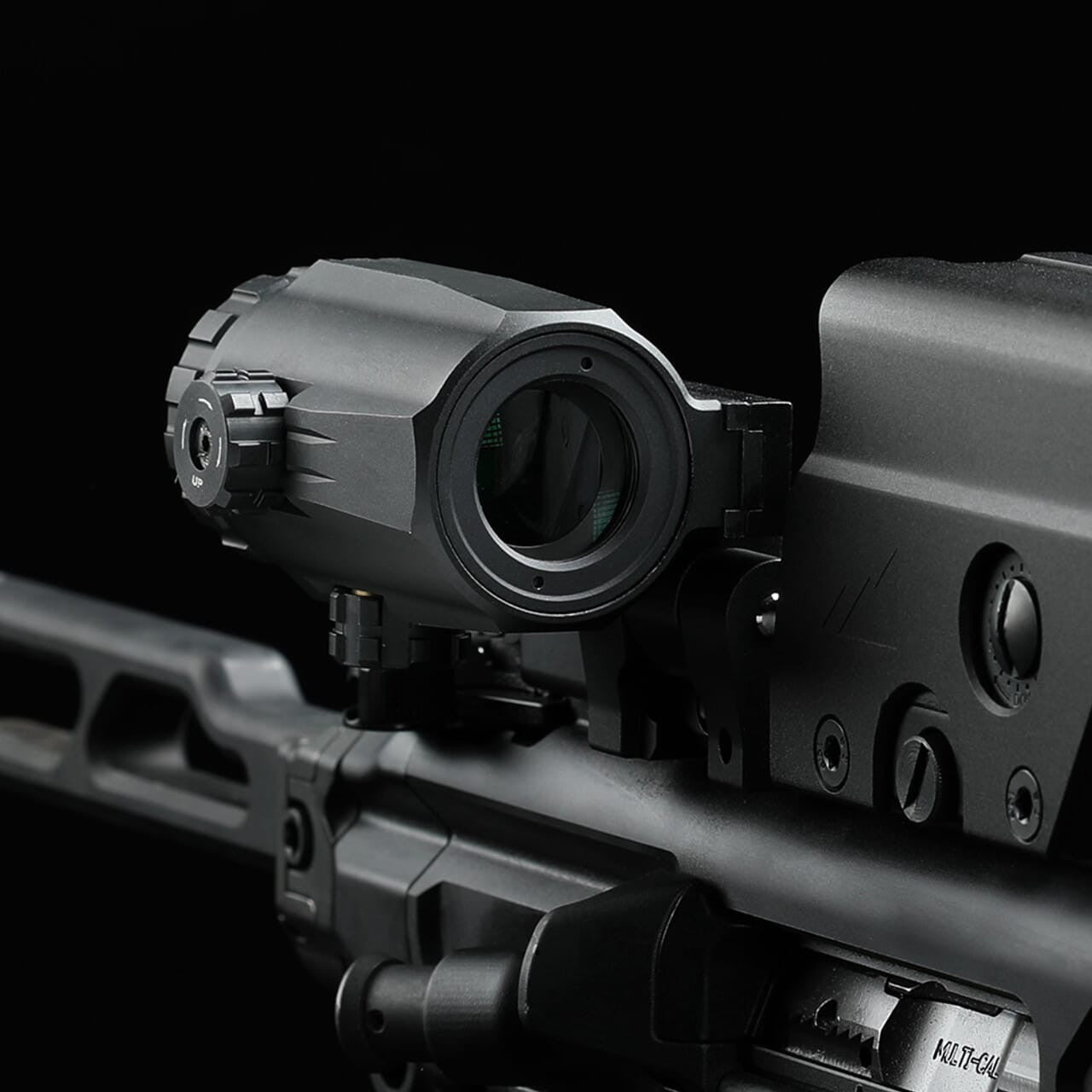 Northtac MM3 3X Magnifier with a matte black finish, shown with its flip-to-side Picatinny mount engaged. — view 5